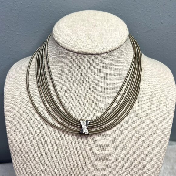 Stretchy Multi Strand Wire Necklace Silver Tone Rhinestones Sliding Pendant - Picture 2 of 8